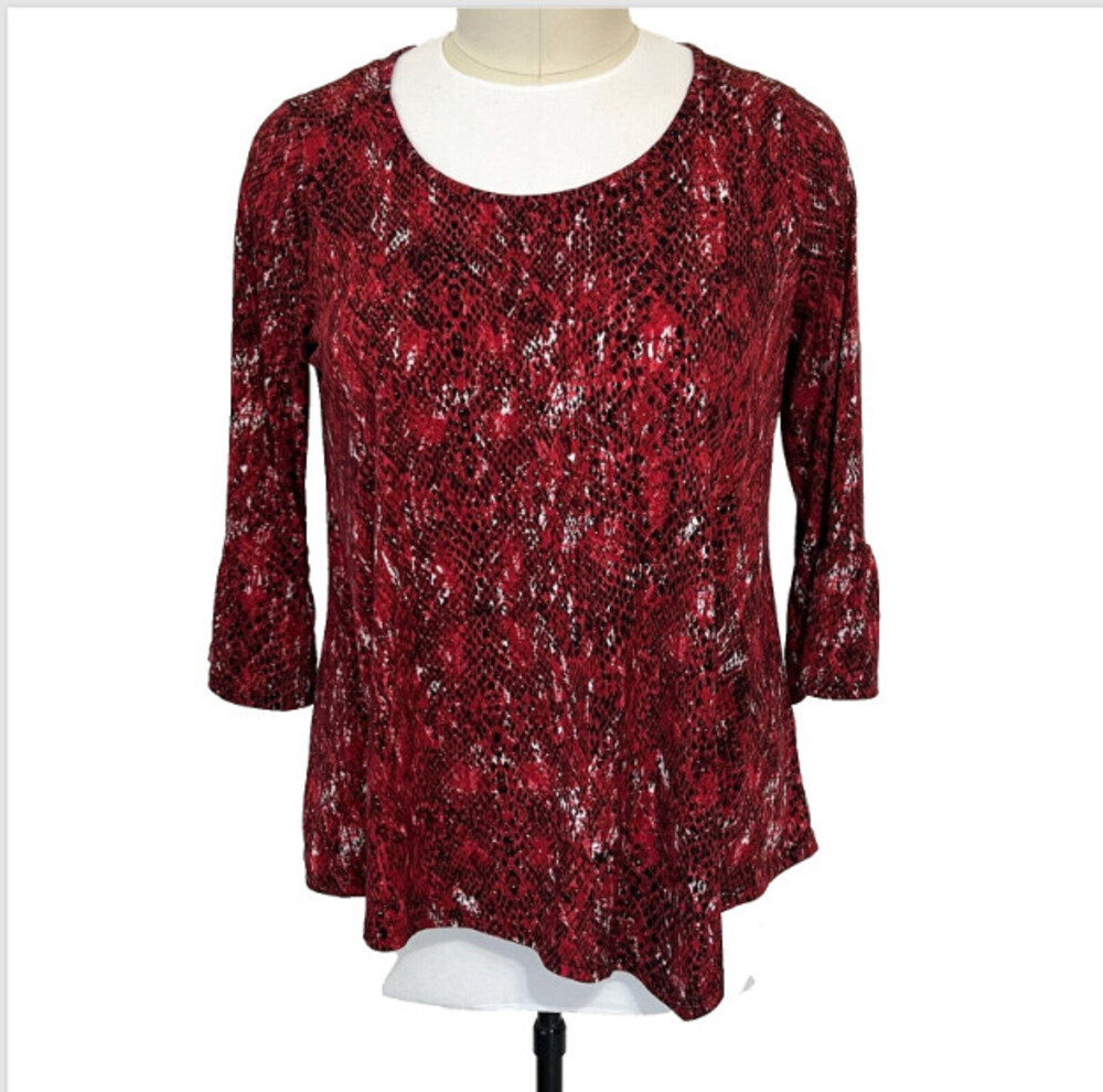 Rafaella - Red, Black Snake Print Beaded 3/4 Flare Sleeve Stretch Tunic 3XL